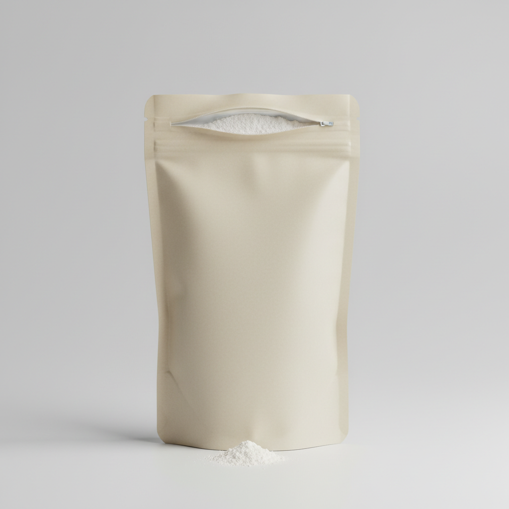 A close-up of a textured, resealable freeze-dried whole milk pouch made of premium matte packaging material, centrally placed on a seamless light-gray studio background. The pouch is partially open, revealing fine, off-white powdered milk with a smooth, finely-milled texture. Gentle, soft-box studio lighting creates even illumination with delicate highlight gradients along the curves of the packaging and subtle shadows beneath. The image is captured at eye-level with sharp focus on the pouch details but a softly blurred backdrop, giving a sense of product purity and convenience. The composition is minimalist, clean, and adheres to a structured, professional visual style fit for a trustworthy agricultural business brand.